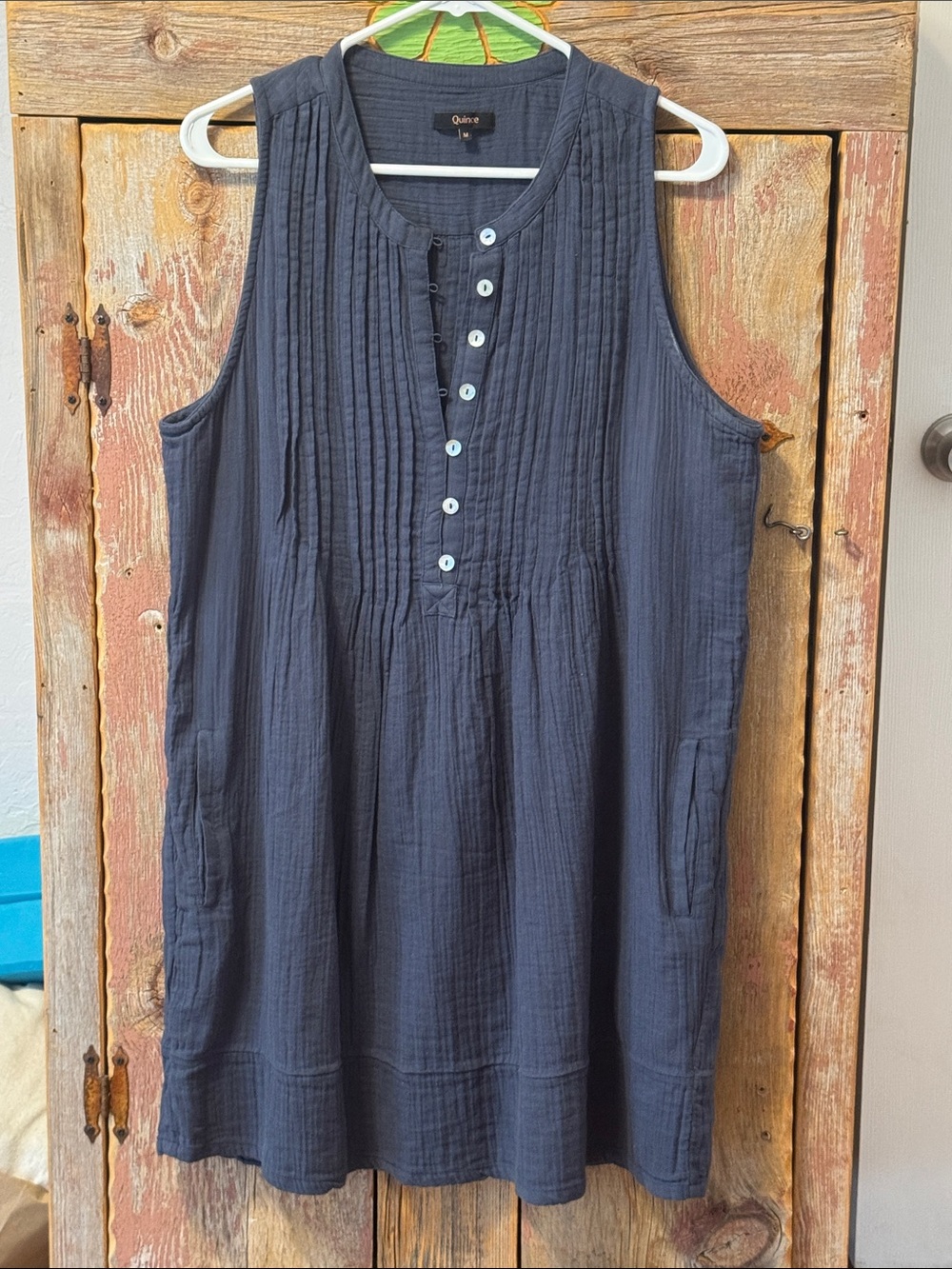 Quince Navy organic Cotton Sleeveless Pintuck Button-Front Dress medium - Picture 7 of 17